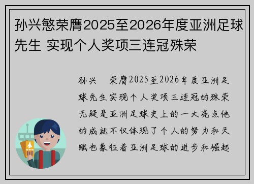 孙兴慜荣膺2025至2026年度亚洲足球先生 实现个人奖项三连冠殊荣